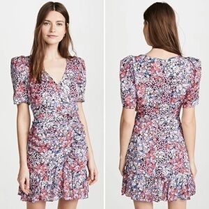Parker 100% silk Krislyn Floral Mini Dress 00 XS puffed sleeves ruffle cocktail